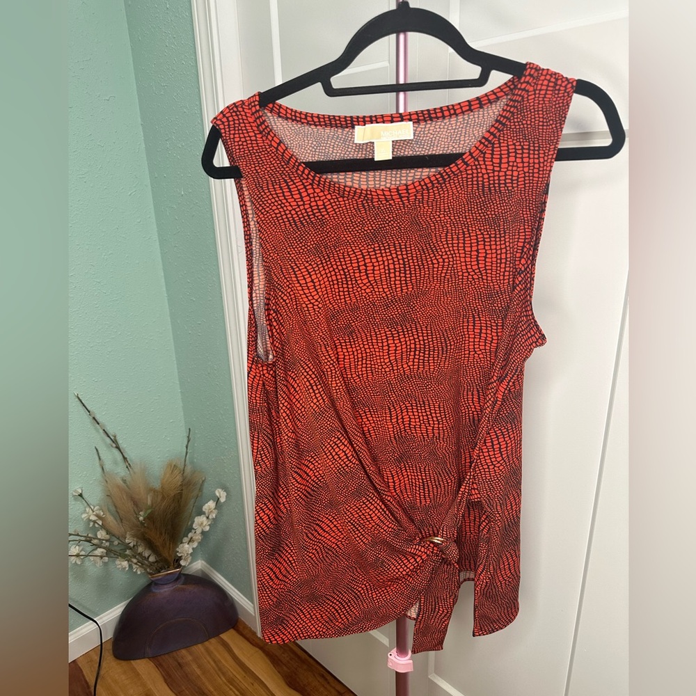 Michael Kors red and black animal print sleeveless tunic top XL gold hardware